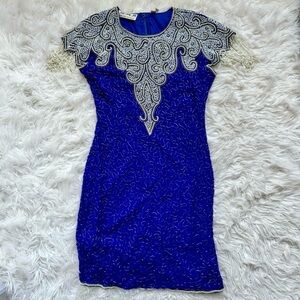 GORGEOUS Scala Fully Beaded Silk Blue Flapper Mini Dress Size S Vintage 💙✨